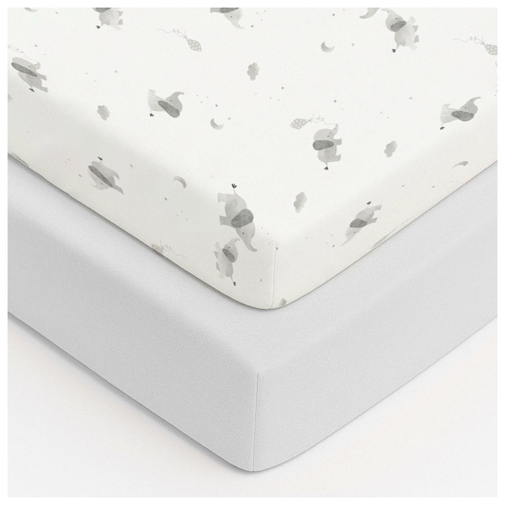 بيبي إليجانس - مجموعة الفيل - ملاءات سرير أطفال من الجيرسيه - طقم من قطعتين - أبيض