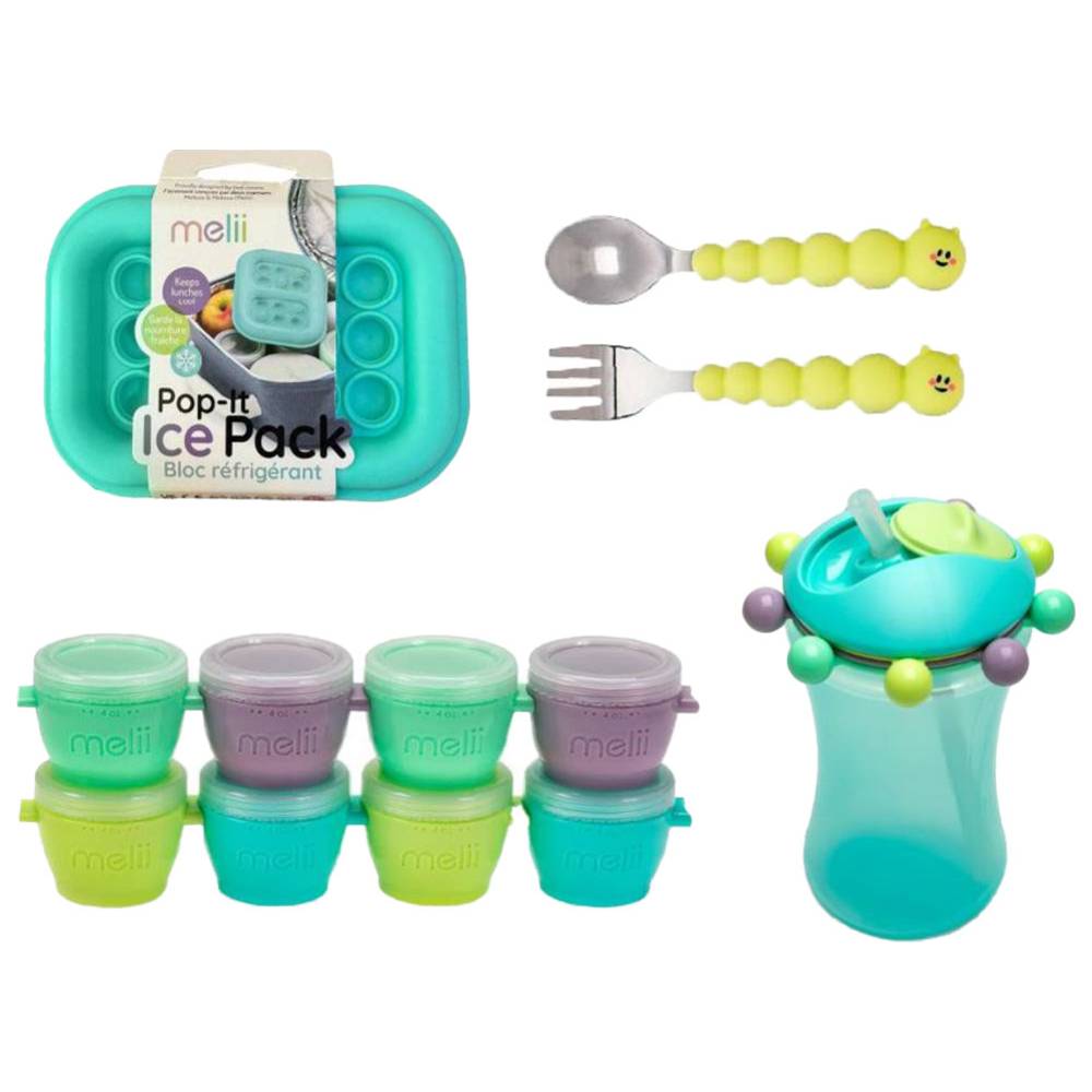 Melii - Snap & Go Pods Container, Abacus Sippy Cup, Silicone Caterpillar Spoon & Fork Set With Pop-It Ice Pac - 12 Pcs