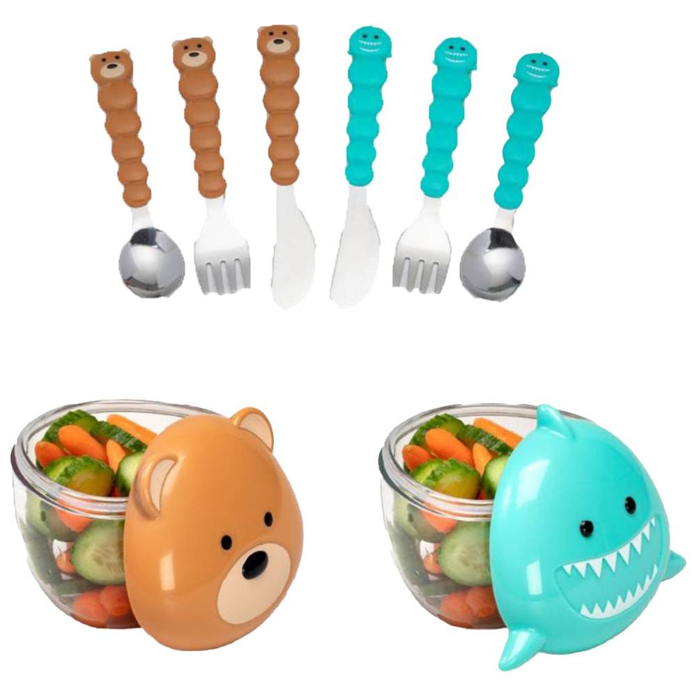 Melii - Shark & Bear Snack Containers With Cutlery Set - 8 Pcs