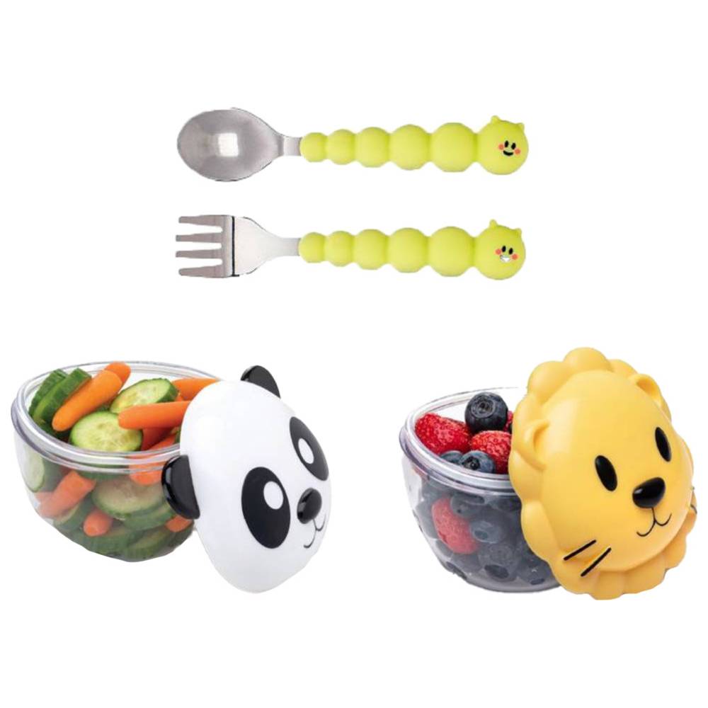 ميلي - تبرويرات وجبات خفيفة على شكل أسد وباندا مع ملعقة وشوكة بشكل دودة - 4 قطع