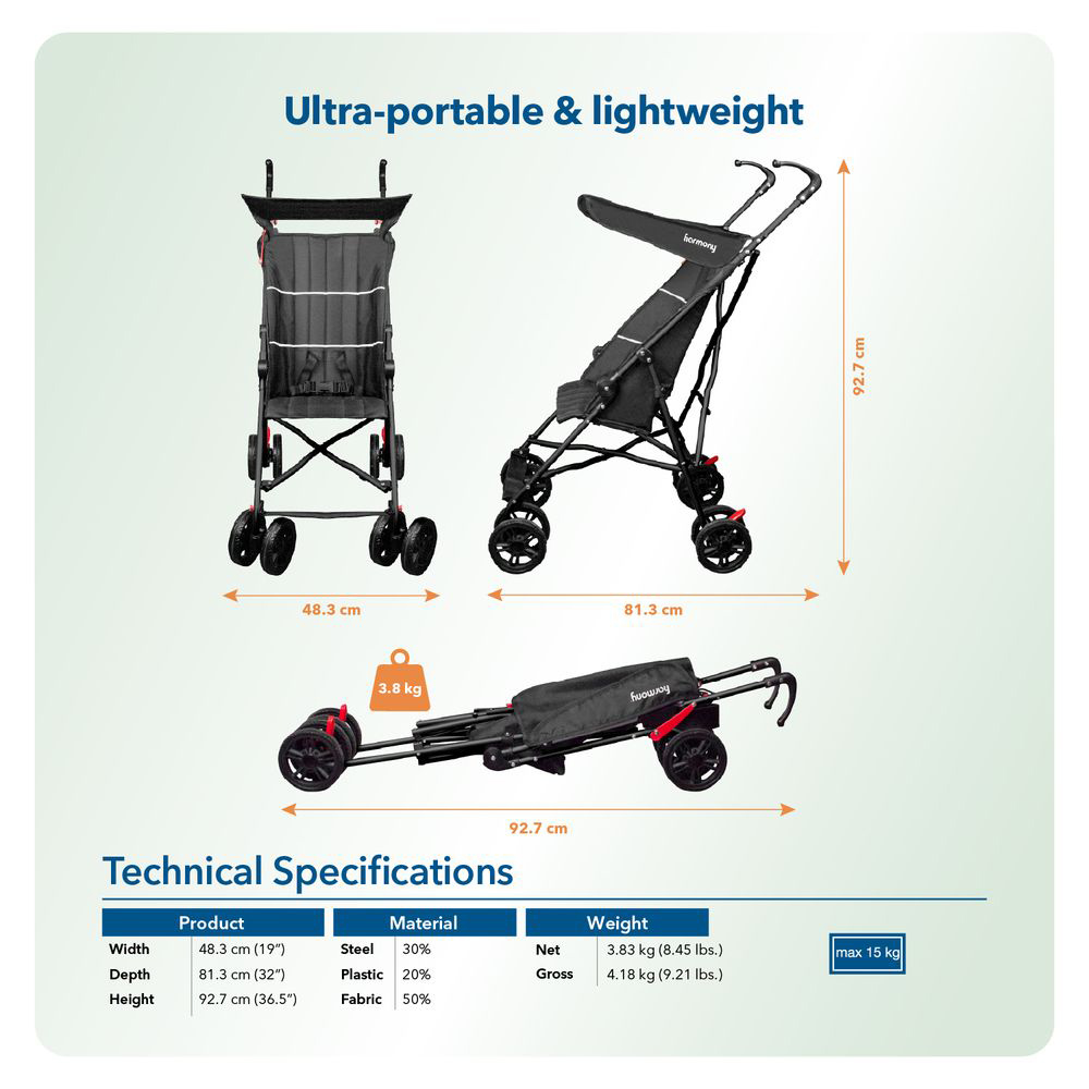 عربة الأطفال الفاخرة القابلة للطي من هارموني - فيرسا - أسود
