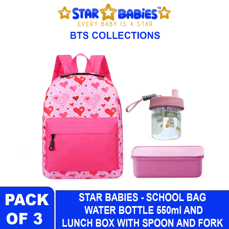 Star Babies - School Backpack With Eco Friendly - BPA Free Lunch Box, Water Bottle 550ml - Pink