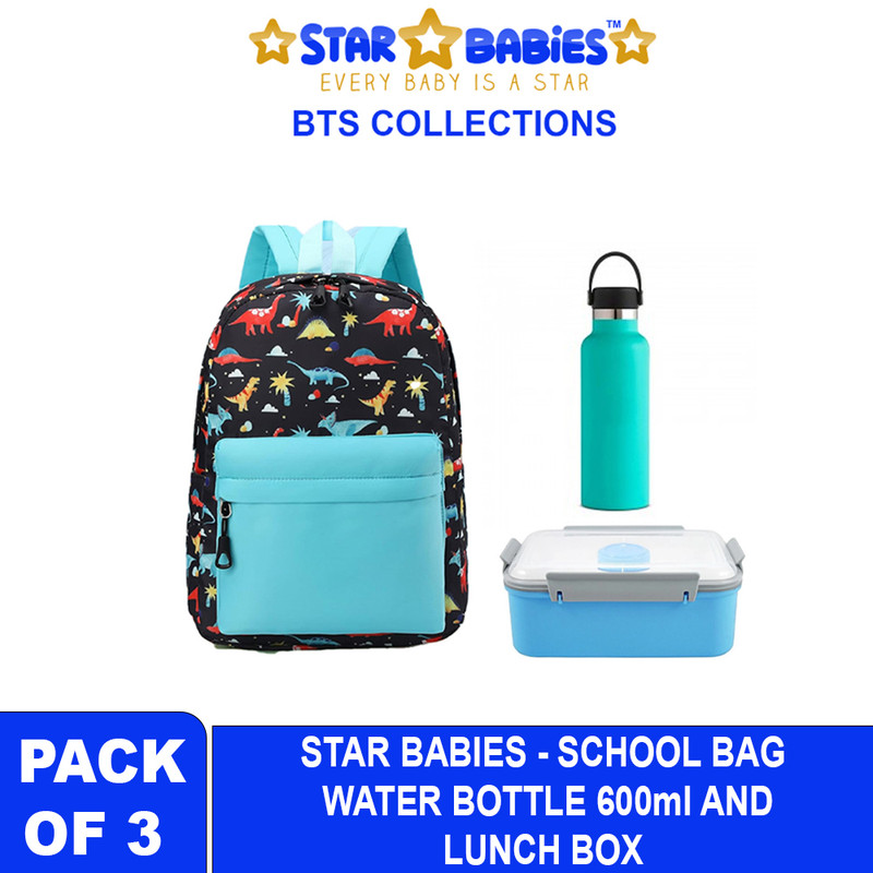 Star Babies - School Backpack With Eco Friendly - BPA Free Lunch Box, Stainless Steel Water Bottle 600ml - Blue