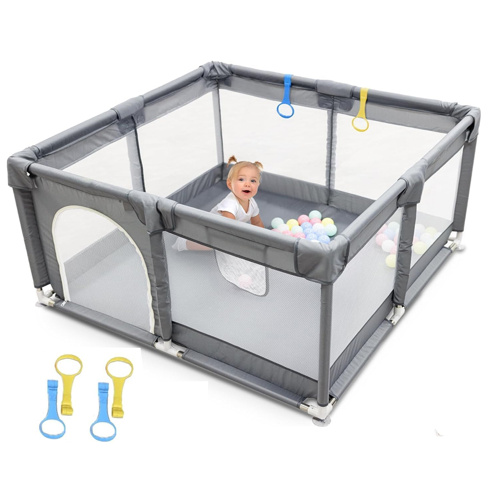 Star Babies Baby Playpen With 4 Pull-Up Rings - Dark Grey