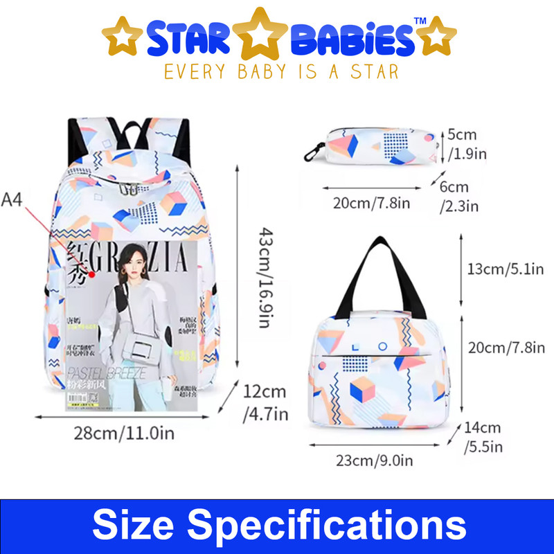 Star Babies - Preppy Style Rainbow Color School Backpack With Lunch Box Bag & Pencil Case - 3pcs Set - White
