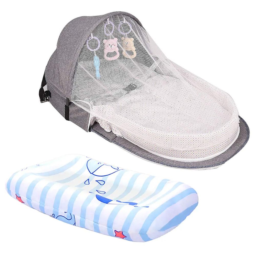Star Babies - Bed With Mosquito Net & Printed Changing Pad - Grey/Blue