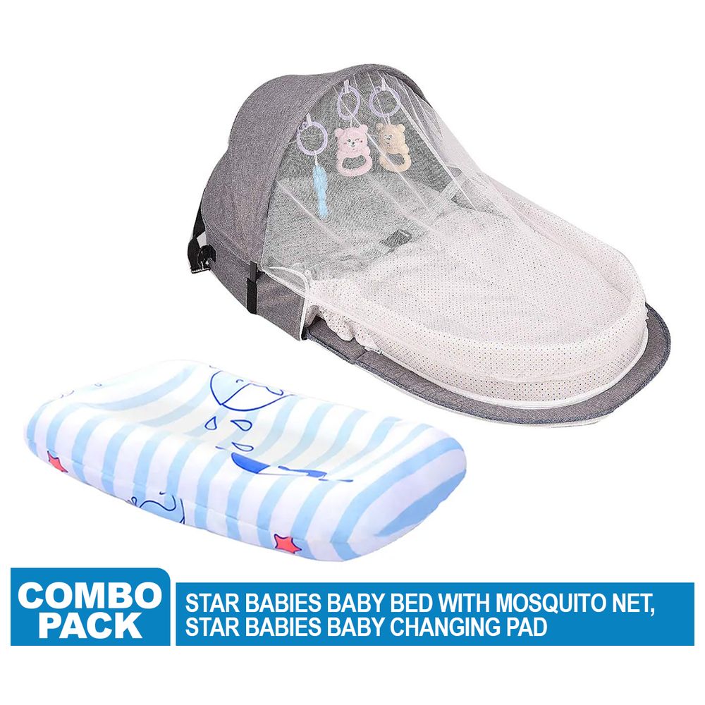 Star Babies - Bed With Mosquito Net & Printed Changing Pad - Grey/Blue