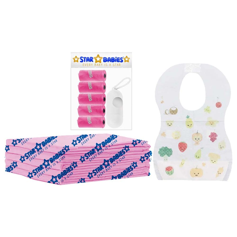 Star Babies - Disposable Changing Mat 5pcs, Bibs 5pcs, Scented Bag With Dispenser - Pink