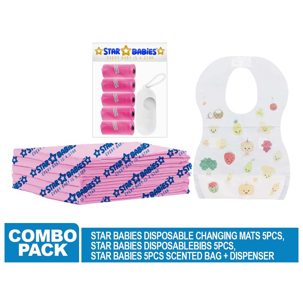 Star Babies - Disposable Changing Mat 5pcs, Bibs 5pcs, Scented Bag With Dispenser - Pink