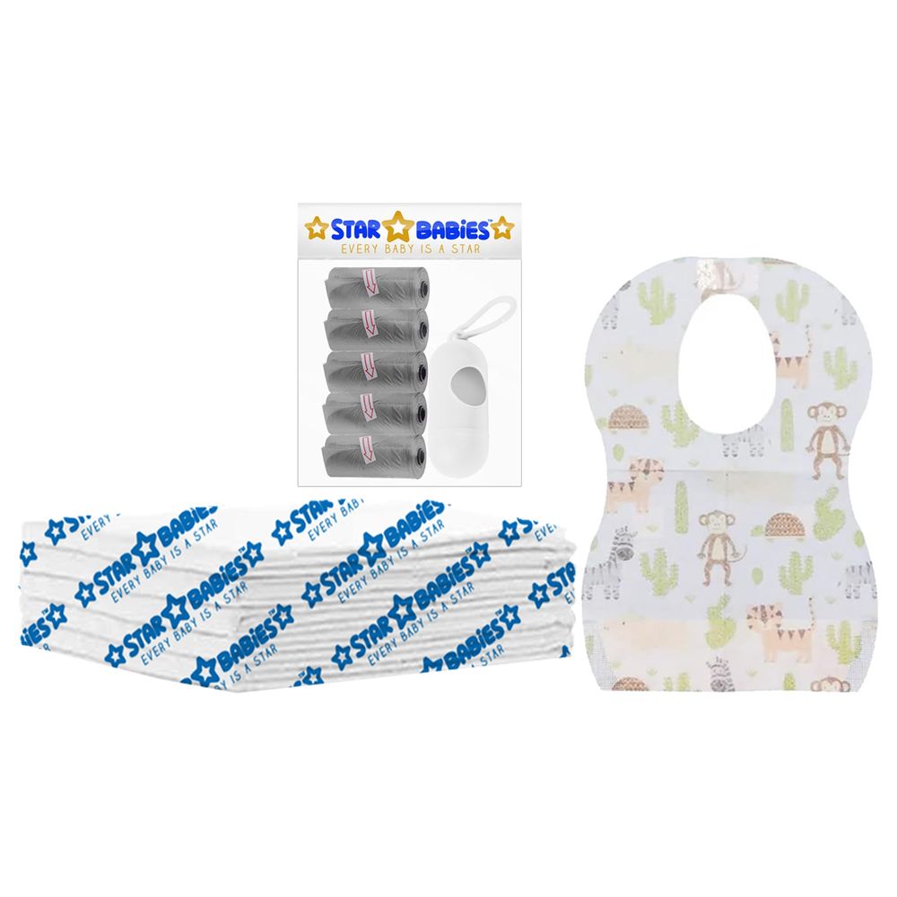 Star Babies - Disposable Changing Mat 5pcs, Bibs 5pcs, Scented Bag With Dispenser - Grey