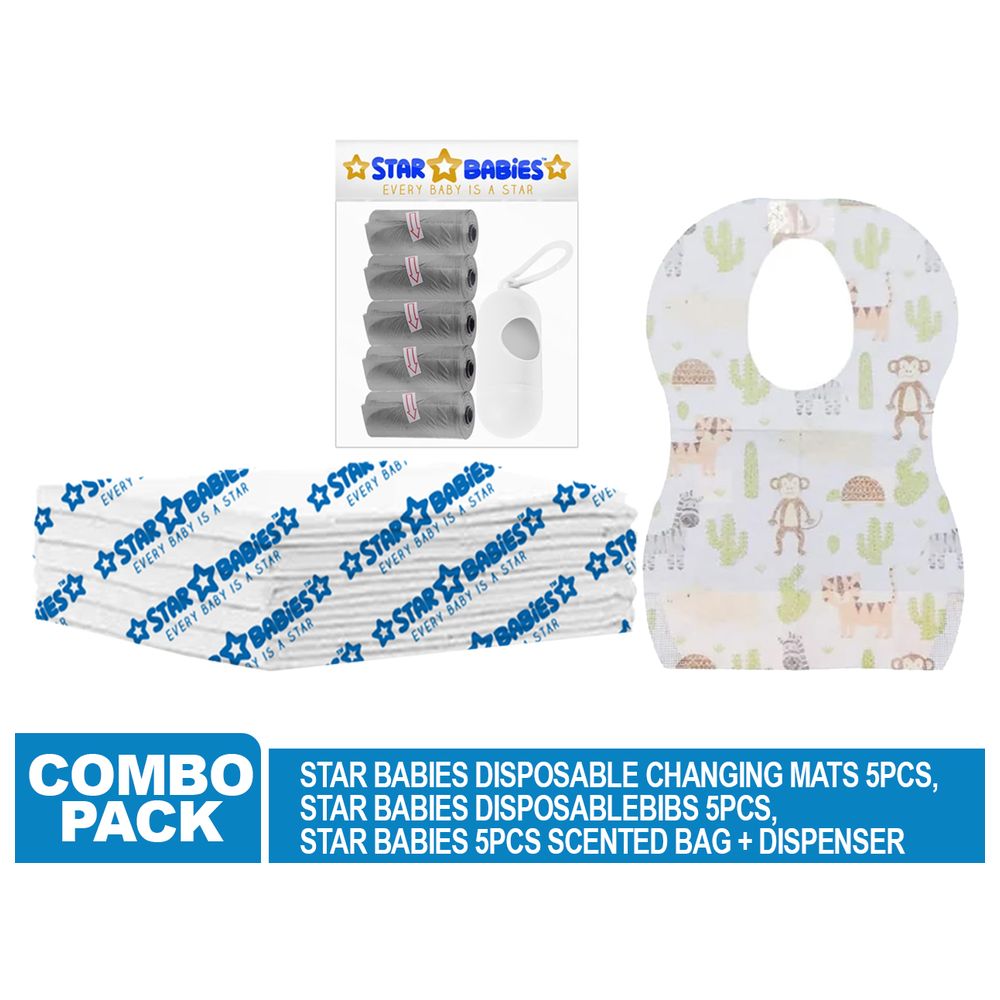 Star Babies - Disposable Changing Mat 5pcs, Bibs 5pcs, Scented Bag With Dispenser - Grey