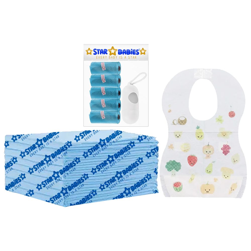 Star Babies - Disposable Changing Mat 8pcs, Bibs 8pcs, Scented Bag With Dispenser - Blue