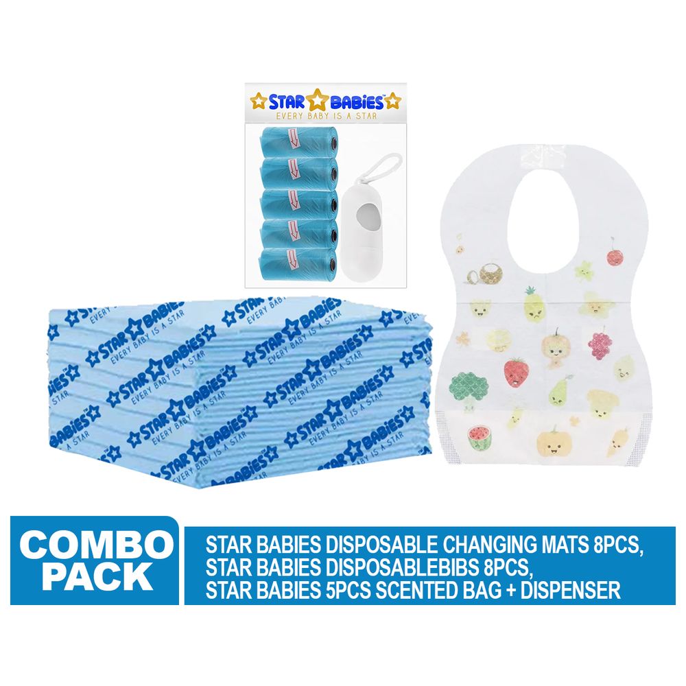Star Babies - Disposable Changing Mat 8pcs, Bibs 8pcs, Scented Bag With Dispenser - Blue