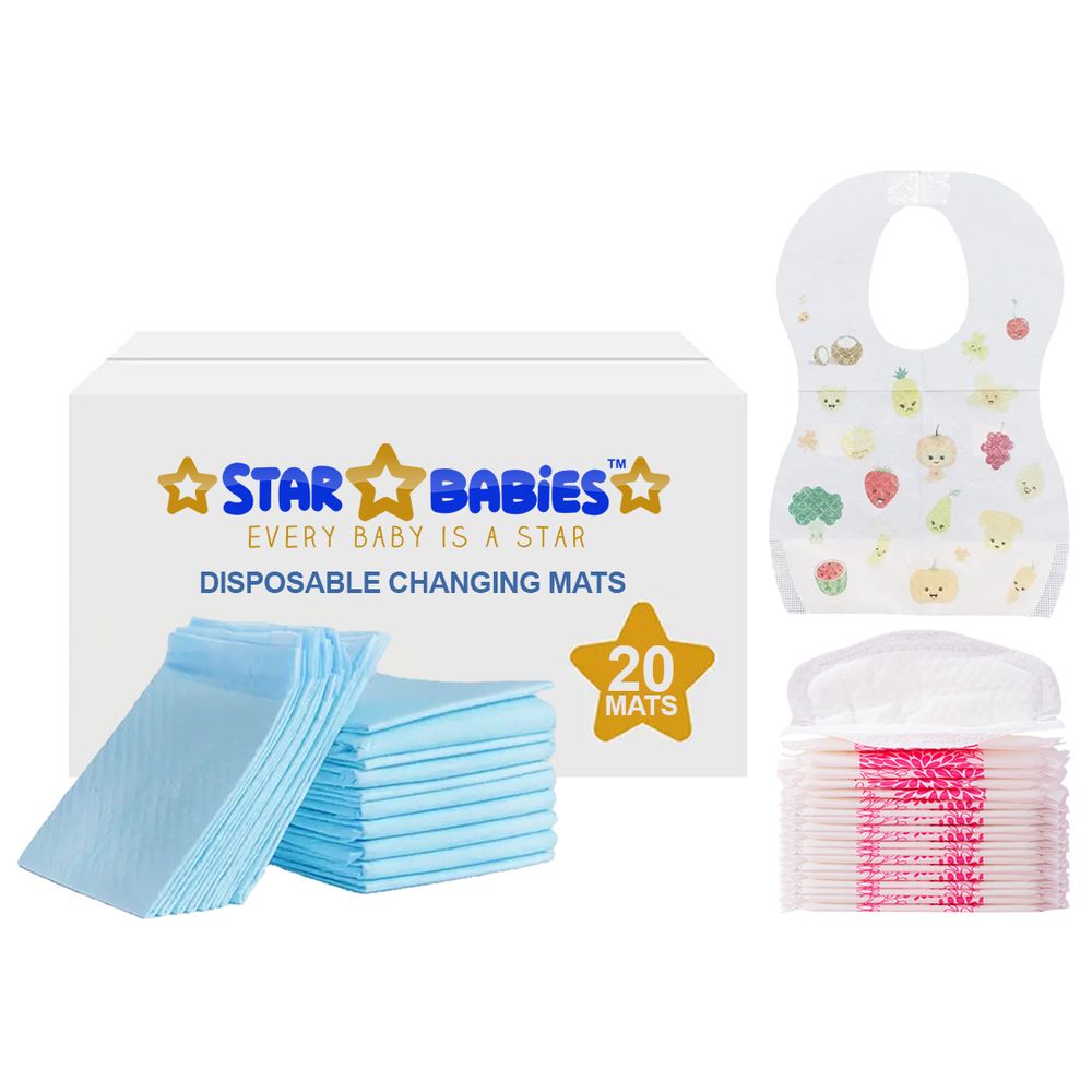 Star Babies - Changing Mat 20pcs With Breast Pad 20pcs & Disposable Bibs 20pcs - Blue