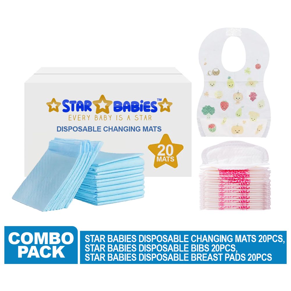 Star Babies - Changing Mat 20pcs With Breast Pad 20pcs & Disposable Bibs 20pcs - Blue