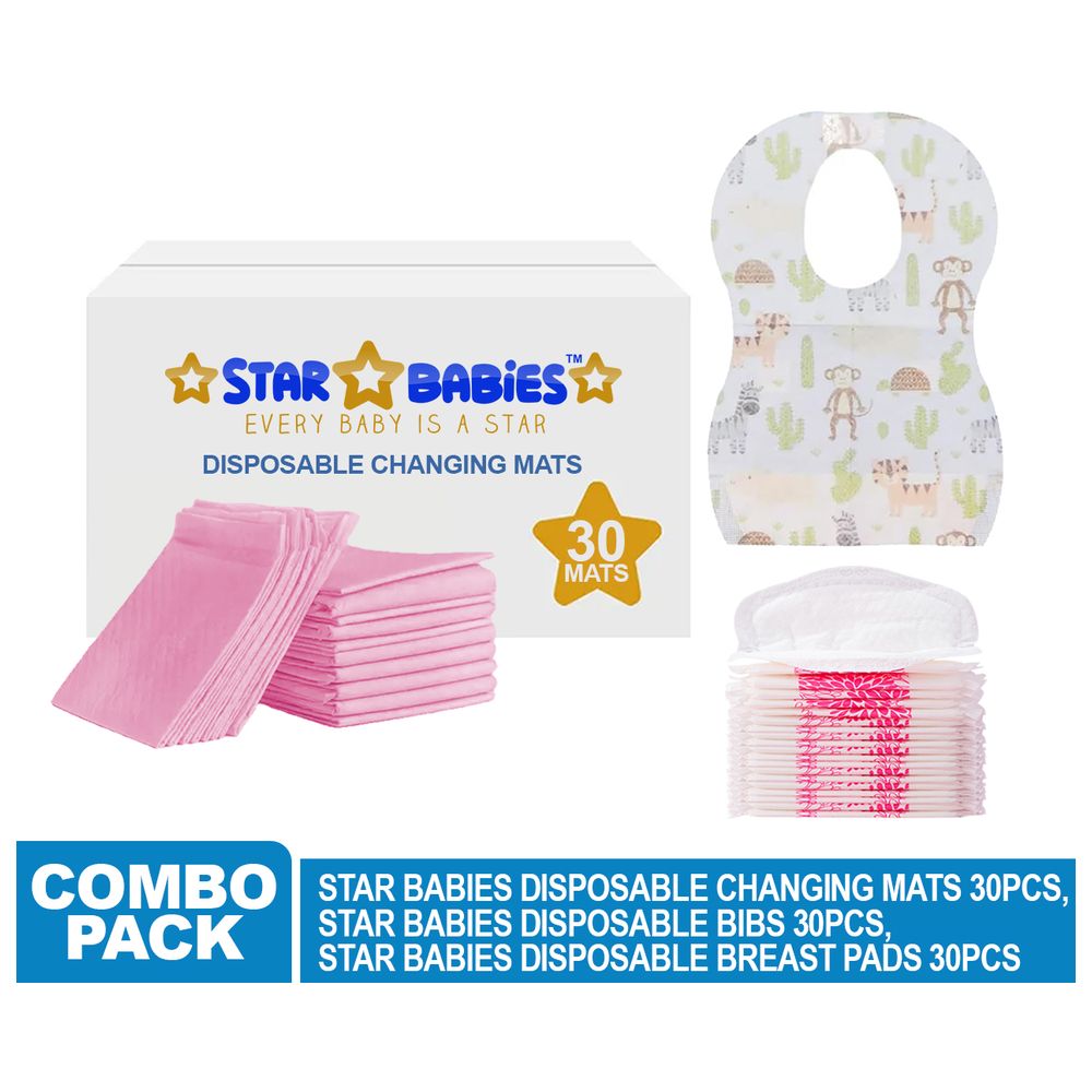 Star Babies - Changing Mat 30pcs With Breast Pad 30pcs & Disposable Bibs 30pcs - Pink