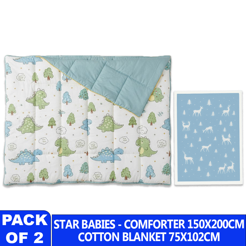 ستار بيبيز - طقم لحاف مطبوع عليه ديناصورات لطيفة مع بطانية قطنية - متعدد الألوان - قطعتان