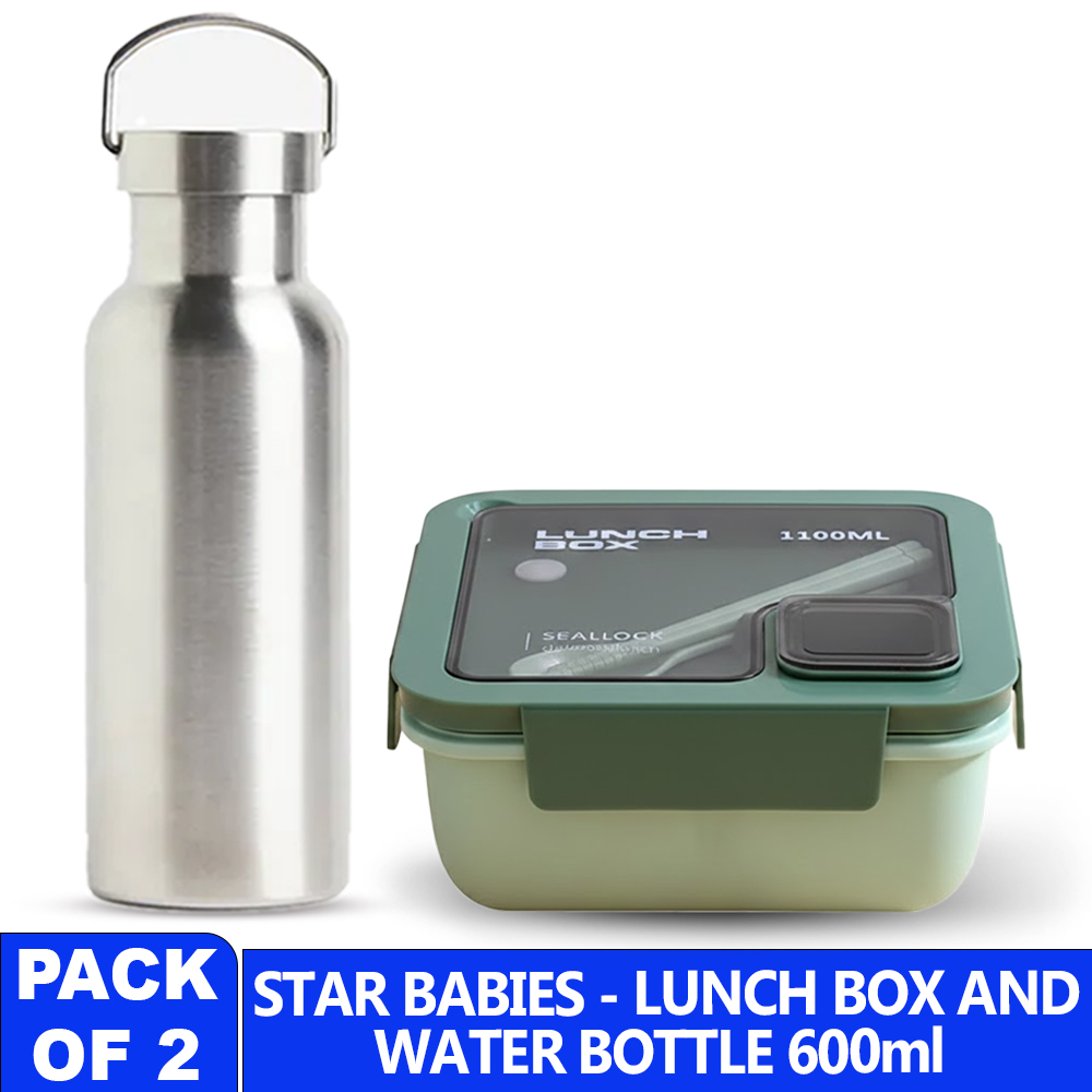 ستار بيبيز - زجاجة ماء من الفولاذ المقاوم للصدأ سعة 600 مل مع علبة غداء ذات قسمين