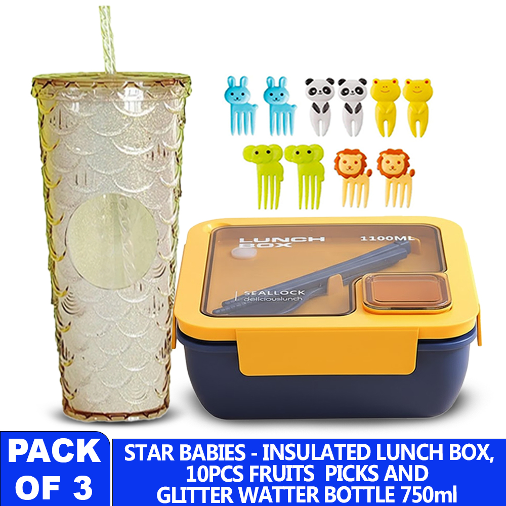 ستار بيبيز - كوب ماء - 700 مل مع علبة غداء ذات قسمين وأعواد فواكه - 10 قطع