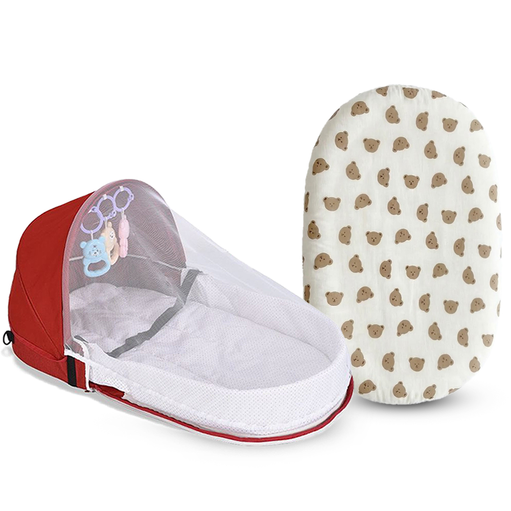 ستار بيبيز - سرير سفر للأطفال مع ناموسية ومجموعة مرتبة نوم - أحمر/أبيض - قطعتان