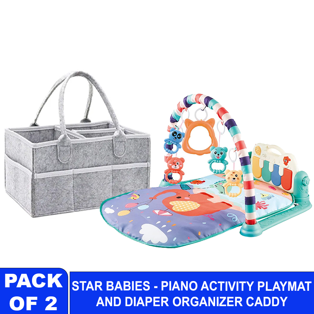 Star Babies - Pedal Piano Activity Playmat & Diaper Caddy Set - Grey/Blue - 2 Pcs