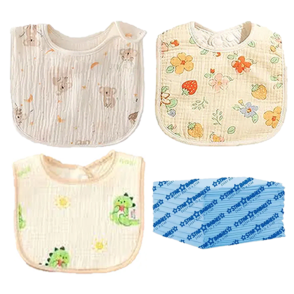 ستار بيبيز - مجموعة مريلة قطنية وحصيرة غيار حفاضات للاستعمال لمرة واحدة - أزرق - 33 قطعة