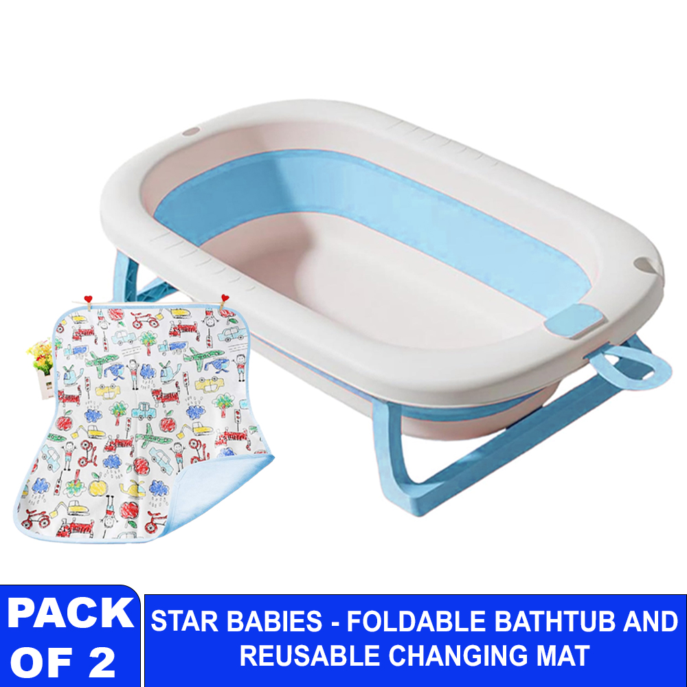 ستار بيبيز - حوض استحمام قابل للطي مع حصيرة غيار قابلة لإعادة الاستخدام - أزرق