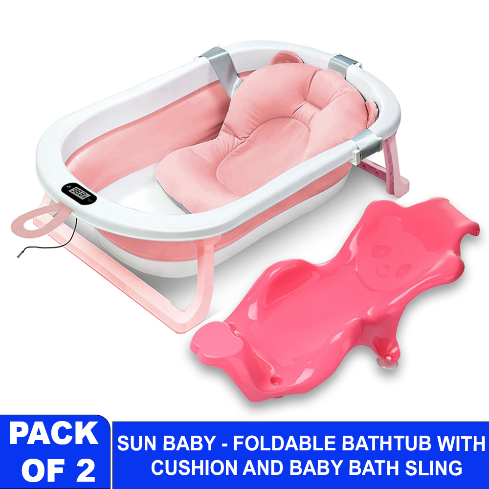صن بيبي - حوض استحمام قابل للطي مع وسادة حمام ومقياس حرارة وحمالة دعم للطفل - زهري