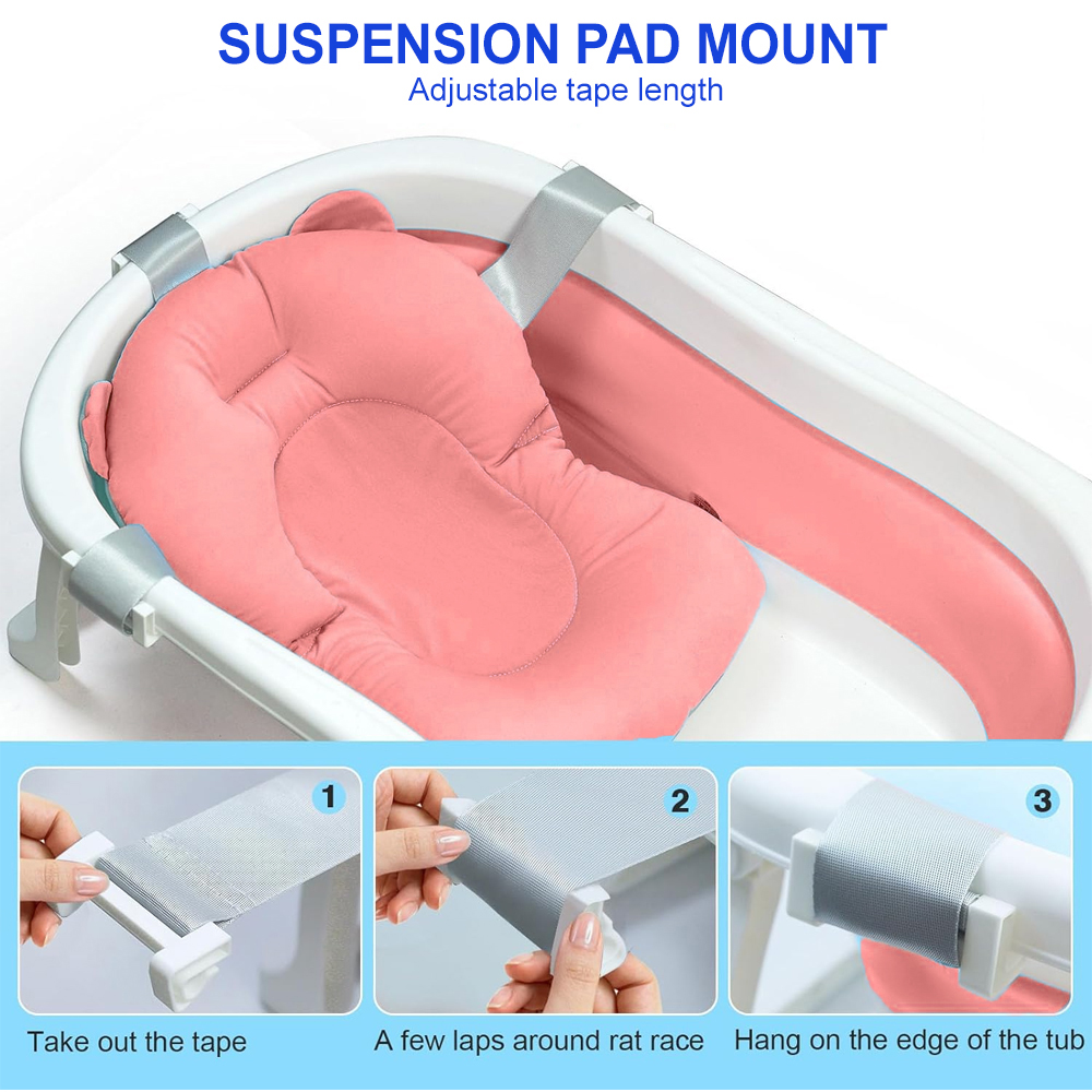 صن بيبي - حوض استحمام قابل للطي مع وسادة حمام ومقياس حرارة وحمالة دعم للطفل - زهري