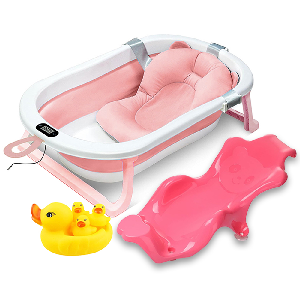 صن بيبي - حوض استحمام قابل للطي مع وسادة حمام ومقياس حرارة وكرسي نونية ولعبة بطة مطاطية - 4 قطع - زهري/أصفر