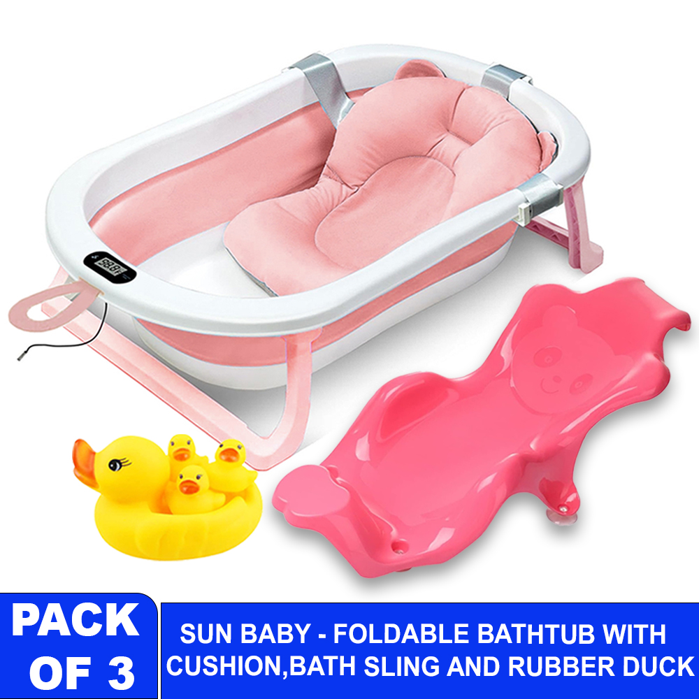 صن بيبي - حوض استحمام قابل للطي مع وسادة حمام ومقياس حرارة وكرسي نونية ولعبة بطة مطاطية - 4 قطع - زهري/أصفر