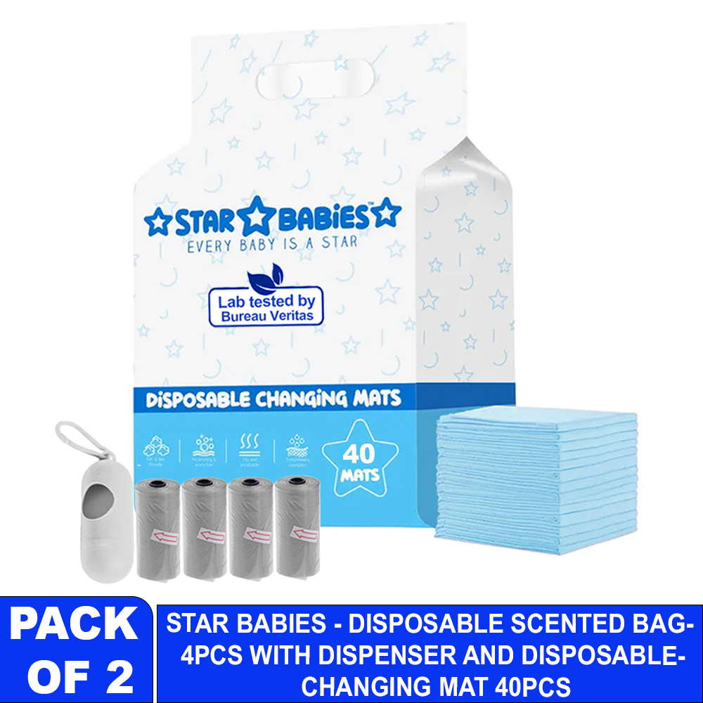 Star Babies - Disposable Changing Mat 40 Pcs With Disposable Scented Nappy Bag 60 Pcs - Blue/Grey