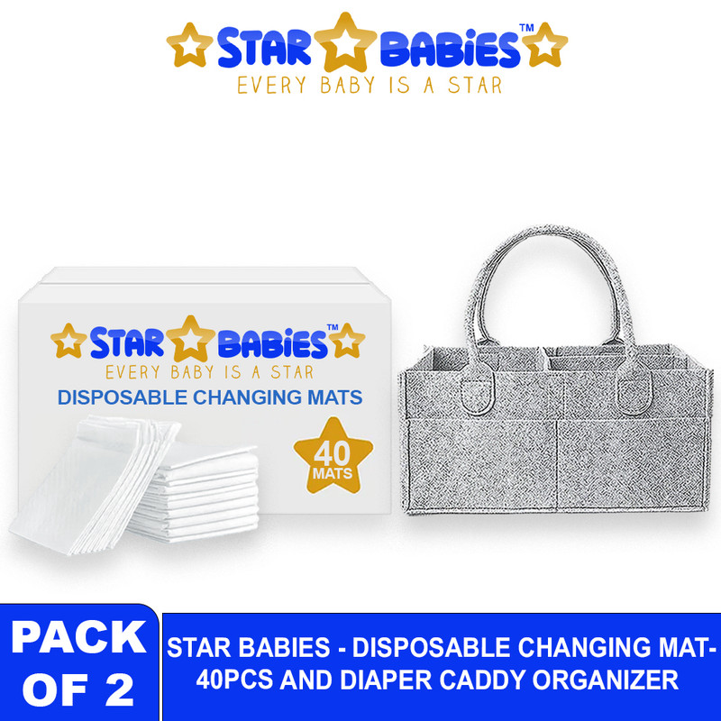 Star Babies - Baby Diaper Caddy Organizer With Disposable Changing Mat 40Pc Set - White