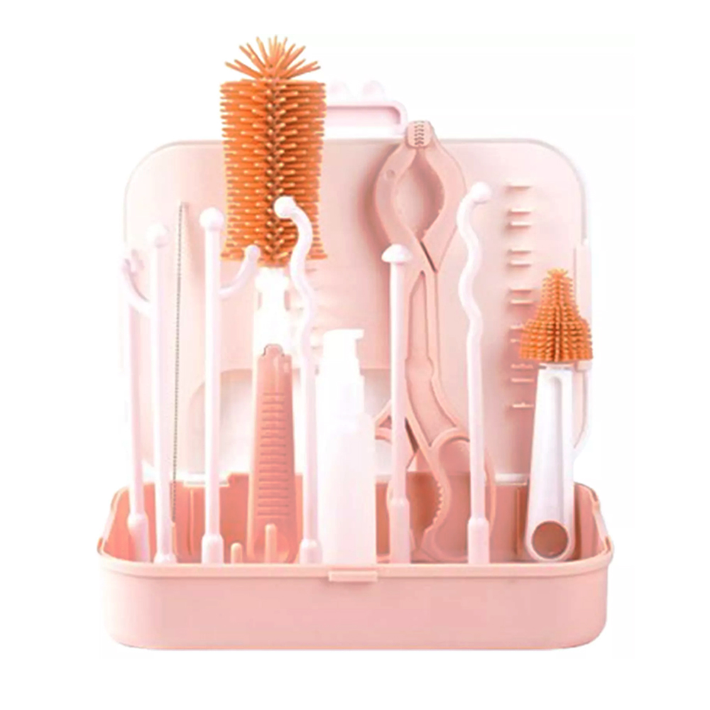 Star Babies - 7-In-1 Baby Bottle Cleaning Brush & Rack Travel Set - Pink