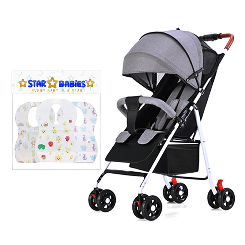 Star Babies Lightweight Compact Fold Stroller With Free 25-Pc Disposable Bibs - Grey