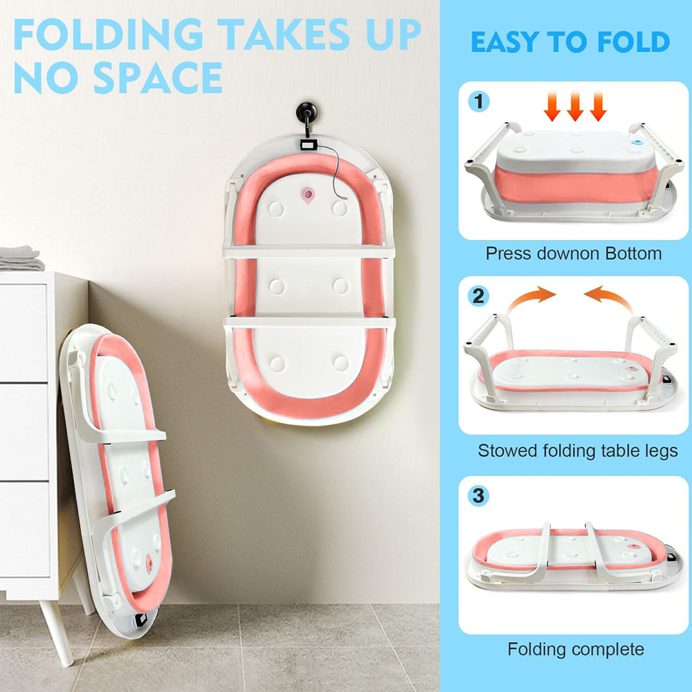 ستار بيبيز - حوض استحمام قابل للطي مع ميزان حرارة ومجموعة حصيرة استحمام - زهري