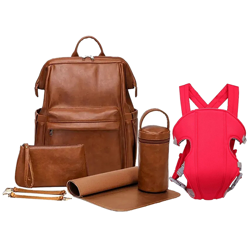 ستار بيبيز - مجموعة شنطة حفاضات من الجلد الصناعي - 6 قطع مع شيالة أطفال قماشية - بني/زهري