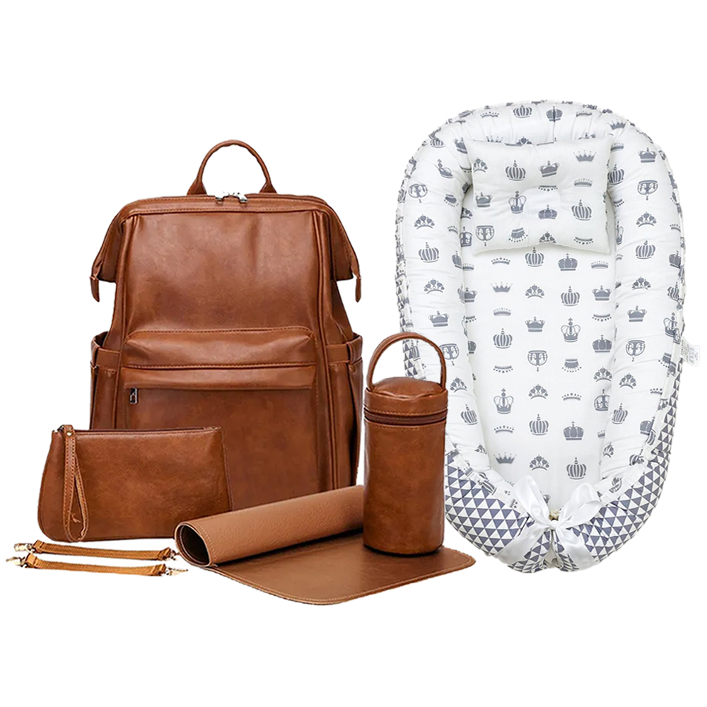 ستار بيبيز - مجموعة شنطة حفاضات من الجلد الصناعي - 6 قطع مع مهد نوم للطفل - بني/رمادي