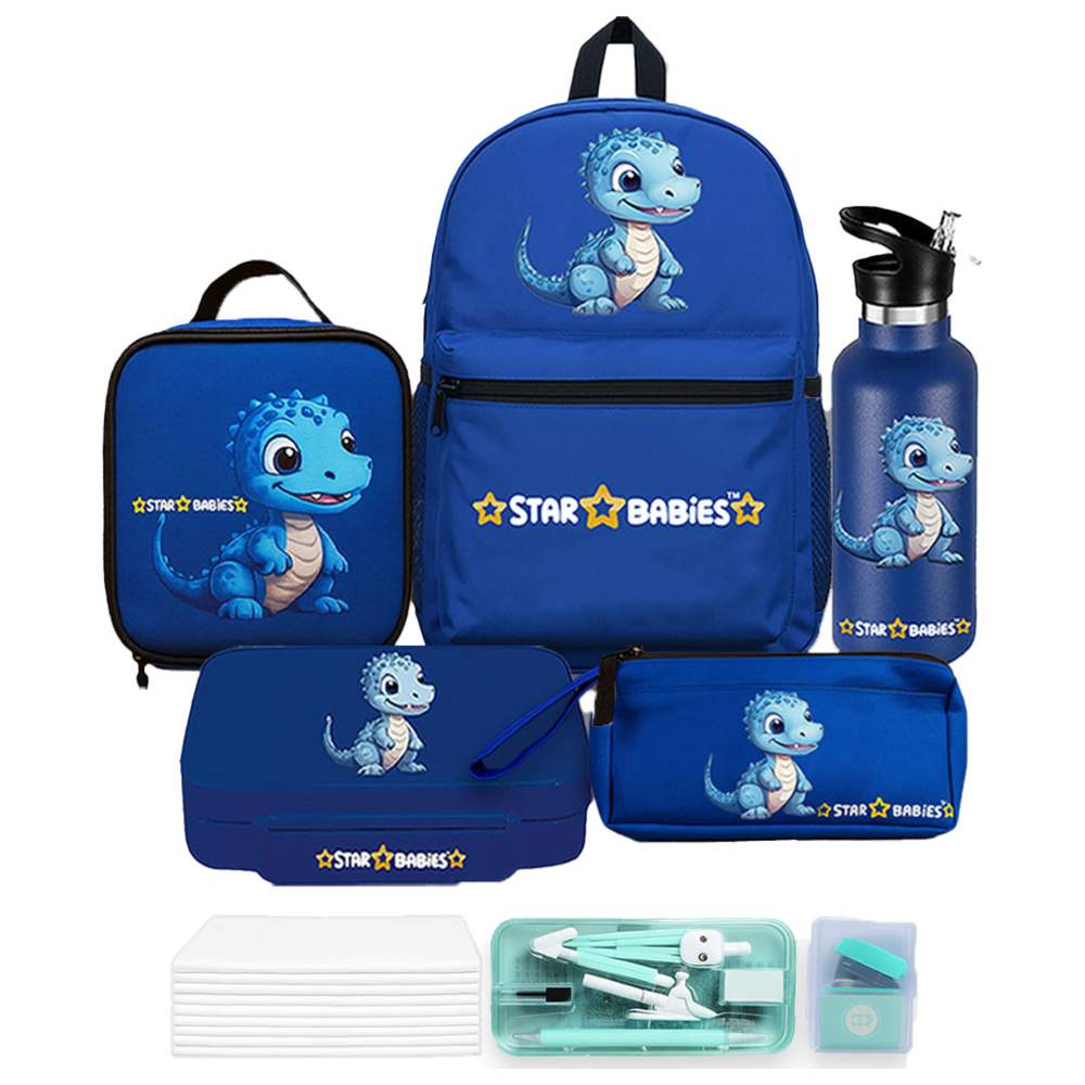 Star Babies - Backpack, Water Bottle, Lunch Bag & Box With Pencil Case Set - Dino - 5 Pcs with Free Geometry Set, Stapler, Disposable Towel 10pcs