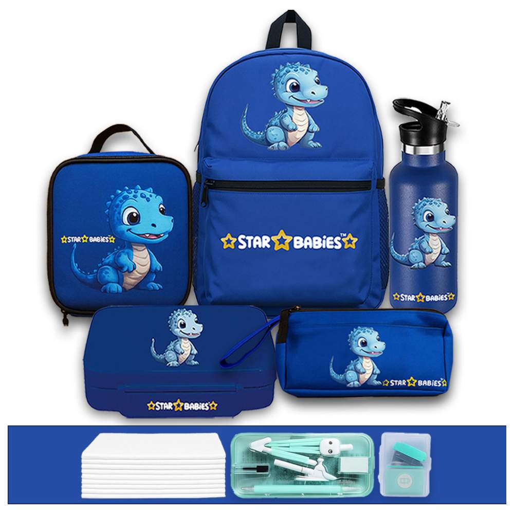Star Babies - Backpack, Water Bottle, Lunch Bag & Box With Pencil Case Set - Dino - 5 Pcs with Free Geometry Set, Stapler, Disposable Towel 10pcs