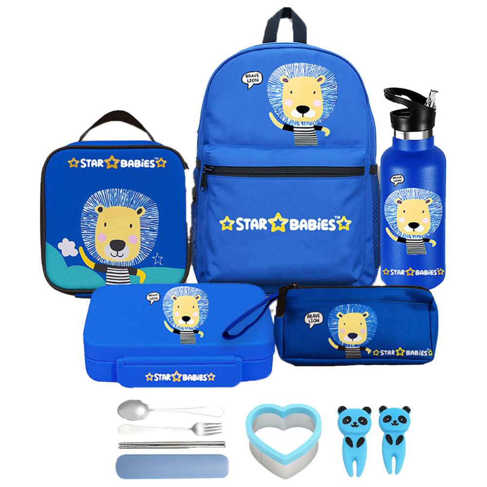 Star Babies - Backpack, Water Bottle, Lunch Bag & Box With Pencil Case Set - Brave Lion - 5 Pcs with Free Fruits Picks, Sandwich cutter and Spoon and fork set