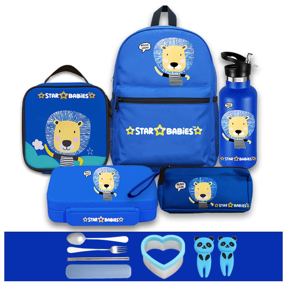 Star Babies - Backpack, Water Bottle, Lunch Bag & Box With Pencil Case Set - Brave Lion - 5 Pcs with Free Fruits Picks, Sandwich cutter and Spoon and fork set
