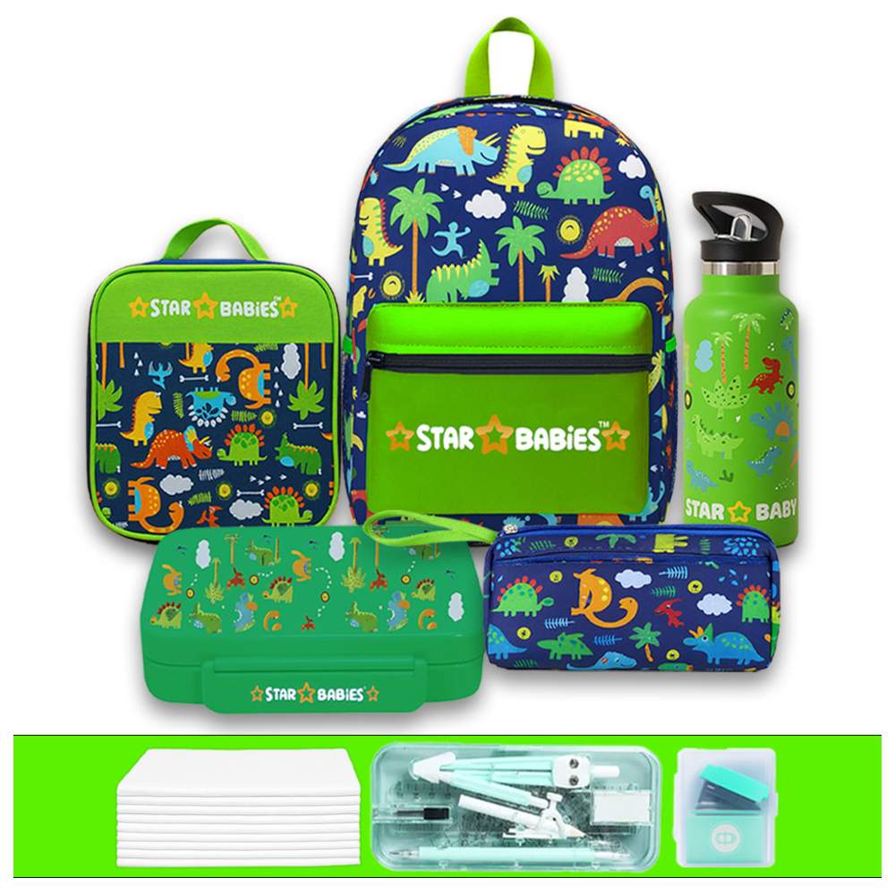 Star Babies - Backpack, Water Bottle, Lunch Bag & Box With Pencil Case Set - Jungle - 5 Pcs Geometry Set, Stapler, Disposable Towel 10pcs