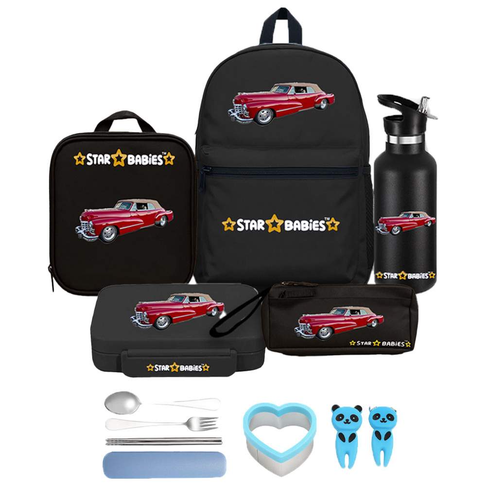 Star Babies - Backpack, Water Bottle, Lunch Bag & Box With Pencil Case Set - Retro Car - 5 Pcs with Free Fruits picks 2pcs,  Sandwich Cutter and Spoon and fork set