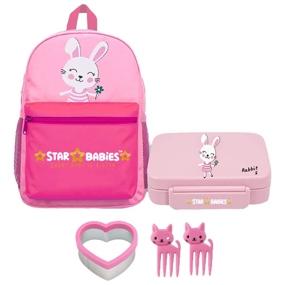 Star Babies - School Backpack & Bento Lunch Box Set - Cute Rabbit - 2 Pcs with Free Sandwich Cutter, Fruits Picks