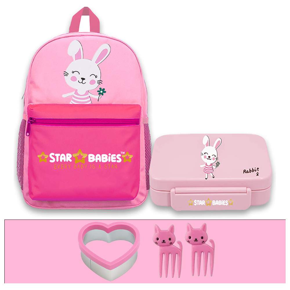 Star Babies - School Backpack & Bento Lunch Box Set - Cute Rabbit - 2 Pcs with Free Sandwich Cutter, Fruits Picks