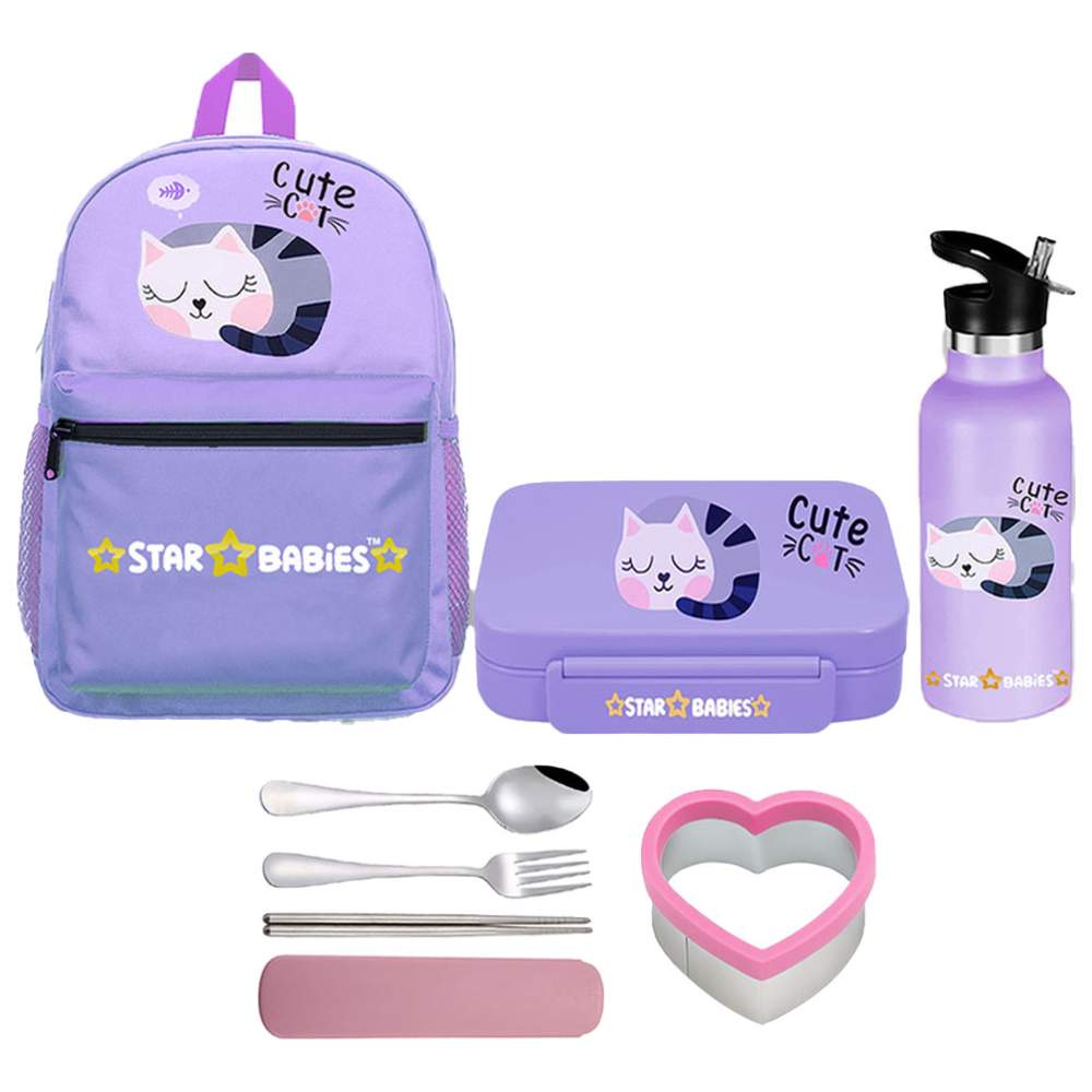 Star Babies - Backpack, Stainless Steel Water Bottle & Bento Lunch Box Set - Cute Cat - 3 Pcs with Free Sandwich Cutter, Spoon & Fork Set