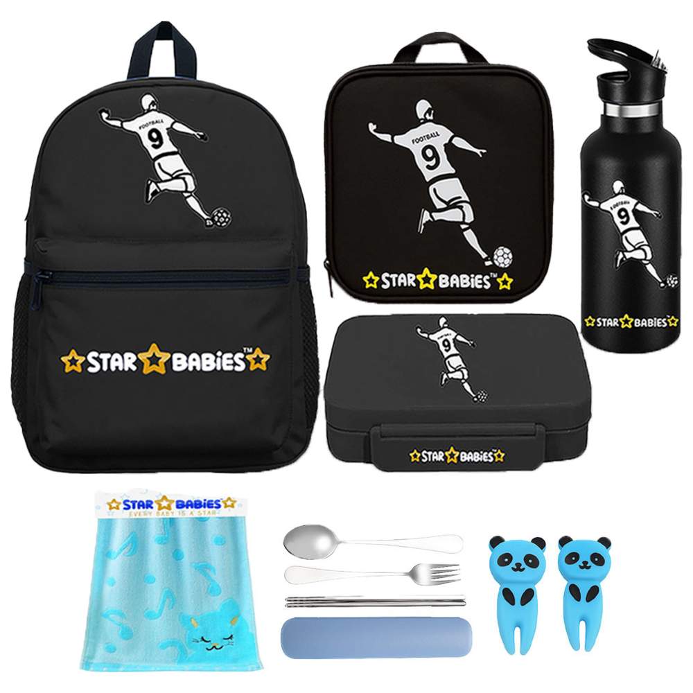 Star Babies - School Backpack, Water Bottle, With Insulated Lunch Bag & Box Set - Football - 4 Pcs with Free Face towel, Spoon and Fork, Fruits picks
