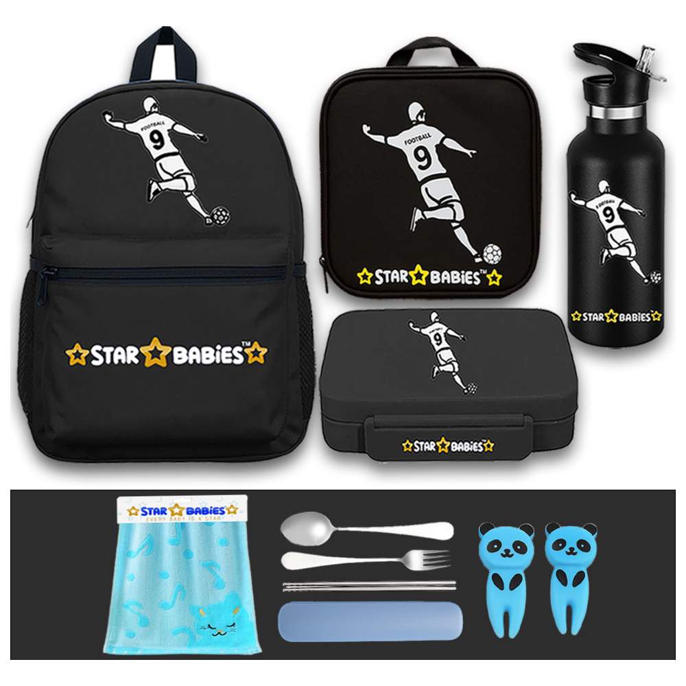 Star Babies - School Backpack, Water Bottle, With Insulated Lunch Bag & Box Set - Football - 4 Pcs with Free Face towel, Spoon and Fork, Fruits picks