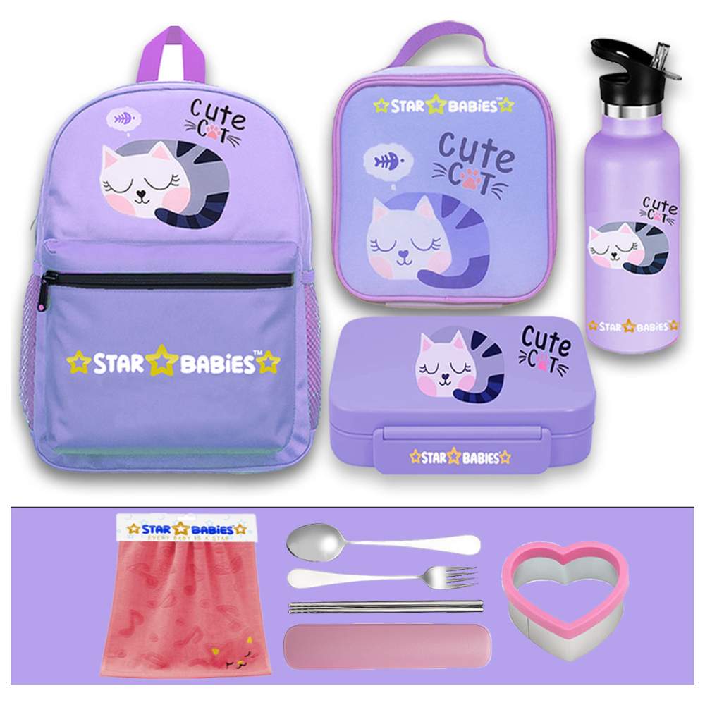 Star Babies - School Backpack, Water Bottle, With Insulated Lunch Bag & Box Set - Cute Cat - 4 Pcs with Free Face Towel, Spoon & fork Set, Sandwich cutter